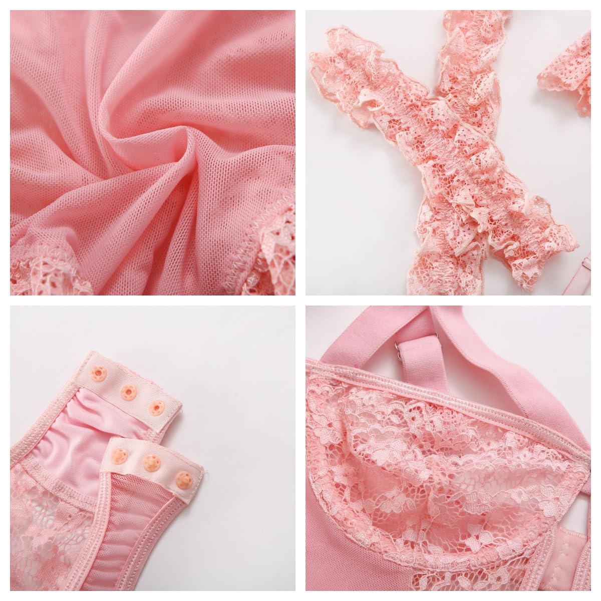 Satohom Lencería Sexy Mujer Ropa Interior Eróticas Babydoll Body de Encaje con Liguero Sujetador Push Up de Encaje 2 Puños de Muslo Conjunto de Lencería Teddy Lingerie Escote V Ropa de Noche