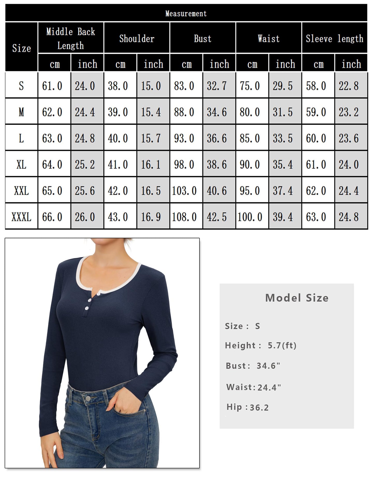 Wayleb Top Mujer Manga Larga Elástico de Algodón Acanalado – Camiseta Básica Elegante Estilo Casual, Ajustada y Cómoda, Azul Marino XS