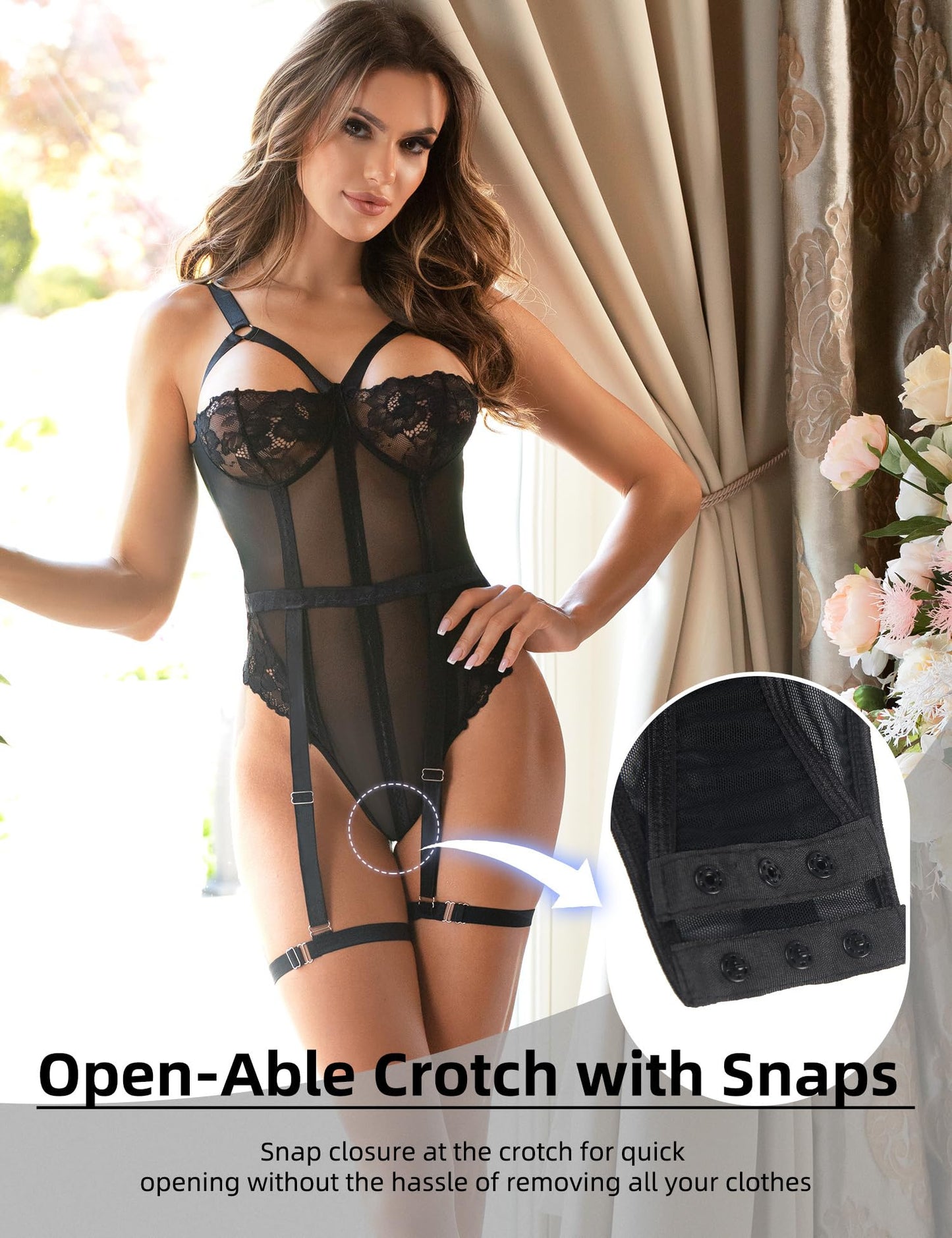 ohmydear Body sexy de peluche para mujer, ropa interior de encaje, tallas grandes, body erótico de encaje con abertura, conjunto de lencería, lencería para romance, 2 Pack Negro Body+Pezones Pads+Caja