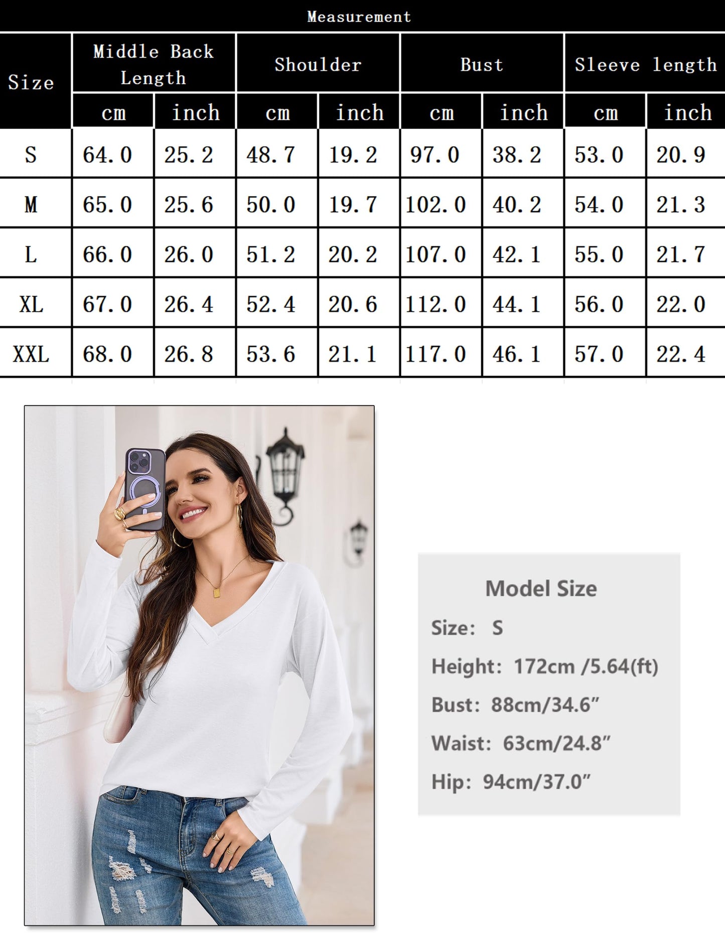 Aottori Camiseta Manga Larga Blanco Mujer Básica Top Cuello en V Elegante Blusa Camisas Suelta Trabajo Informal Pullover tee Shirts para Primavera Otoño Invierno Blanco S