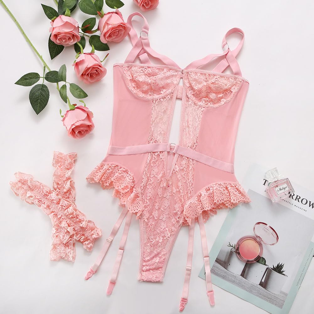 Satohom Lencería Sexy Mujer Ropa Interior Eróticas Babydoll Body de Encaje con Liguero Sujetador Push Up de Encaje 2 Puños de Muslo Conjunto de Lencería Teddy Lingerie Escote V Ropa de Noche