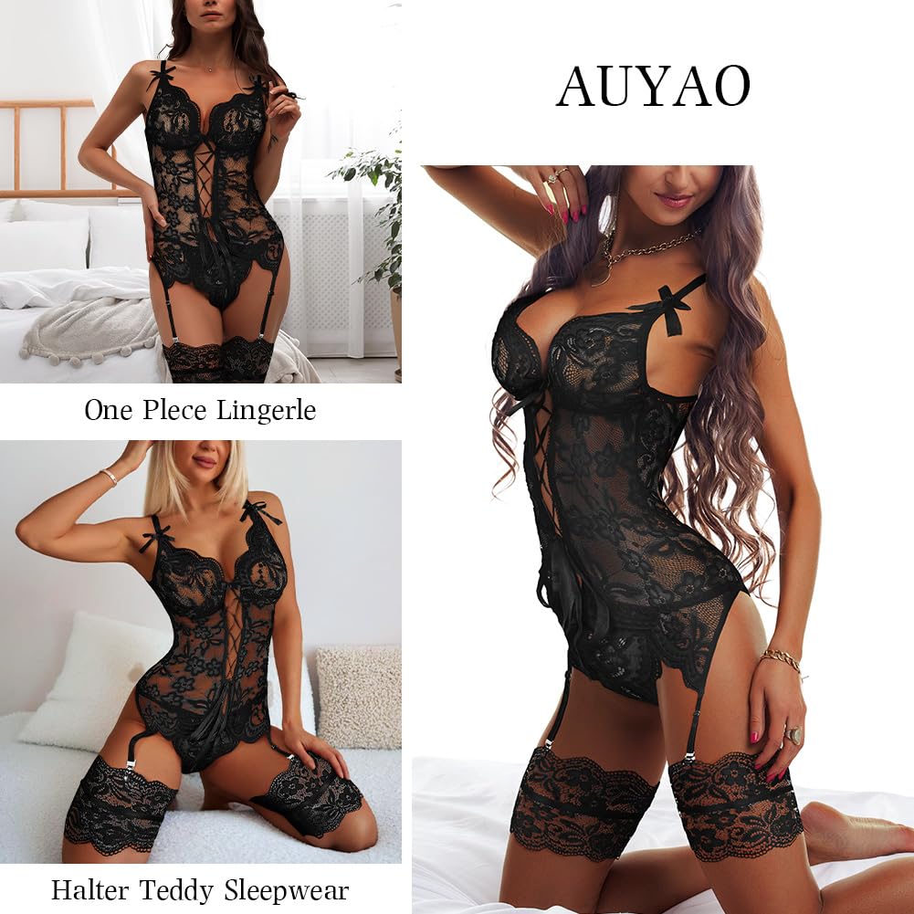 AUYAO Lencería Mujer Sexy con Ligueros y Tanga, Lencería Atrevida para Fiesta y Luna de Miel, Encaje Transparente, Negro
