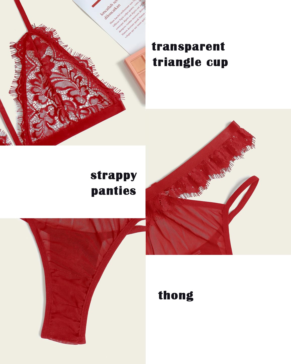 NewBull Conjunto de Lencería Encaje para Mujer Sexy Sujetador Triangular y Braguita Juego Ropa Interior Babydoll 3 Piezas con Tanga Ligueros Rojo