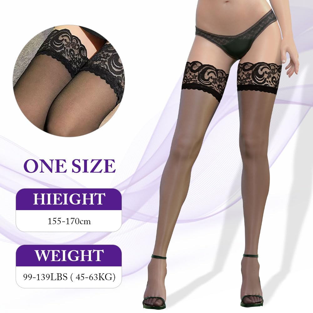 Aomig Medias Autoadhesivas Sexy de Silicona, Encaje Altas de Muslo, Sensuales para Mujer Semitransparentes Antideslizantes de Seda Brillante