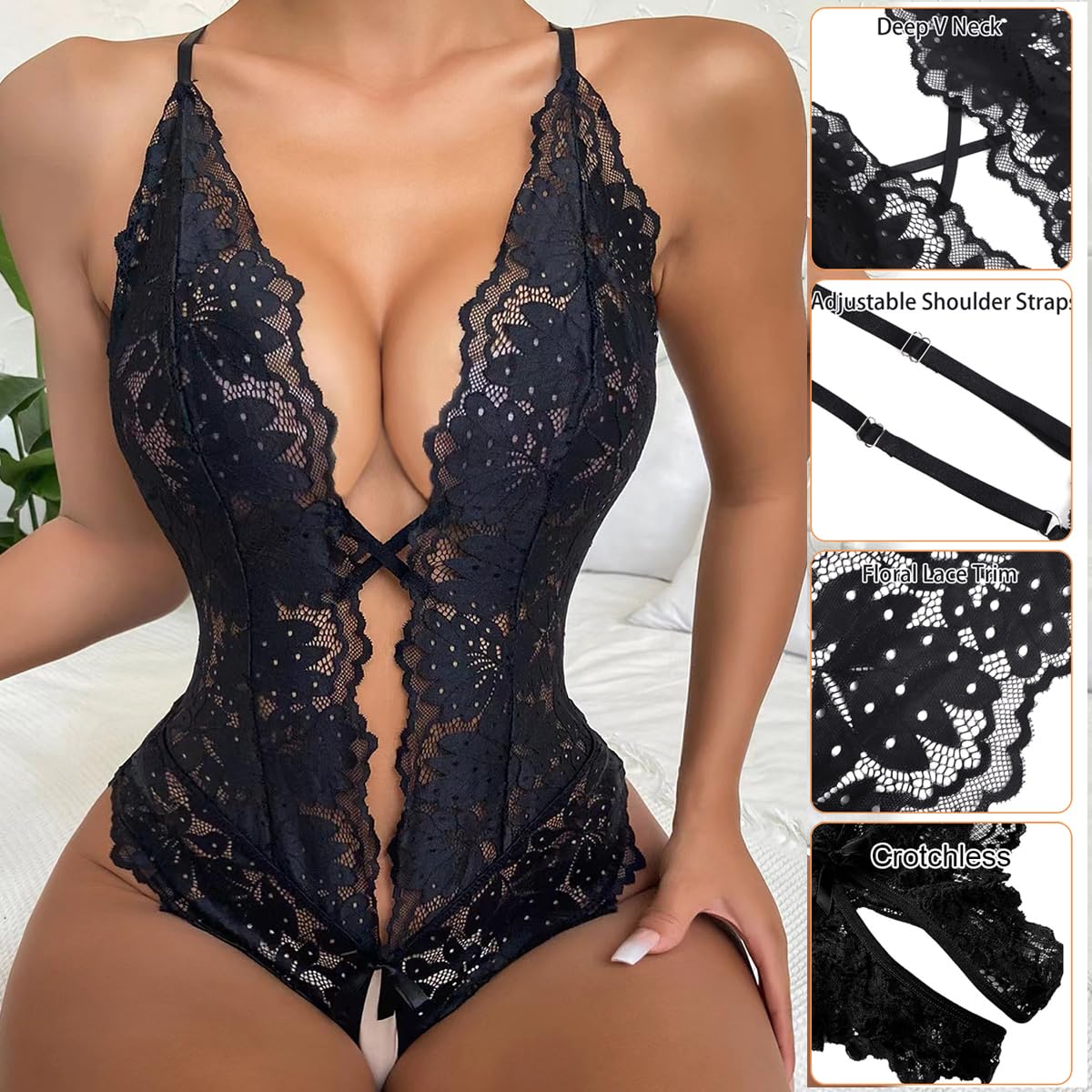 ROSVAY Body para Mujer Sexy Lencería Encaje Ropa Interior de Dormir Bodysuit Una Pieza con Aberturas Babydoll Escote en V Profundo Camisón sin Espalda Conjunto Lenceria Pijamas Monokini