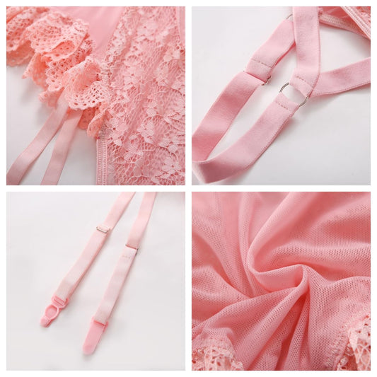 Satohom Lencería Sexy Mujer Ropa Interior Eróticas Babydoll Body de Encaje con Liguero Sujetador Push Up de Encaje 2 Puños de Muslo Conjunto de Lencería Teddy Lingerie Escote V Ropa de Noche