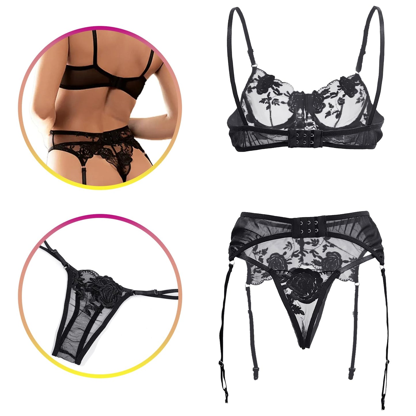 Conjunto de Lencería Sexy para Mujer viene con Sujetador Braguita y Ligas 3 Piezas Ropa Interior Bra con Aros y Tanga Atrevida Bordado Rosa Floral Transparente Liguero con 4 Tirantes Ajustables
