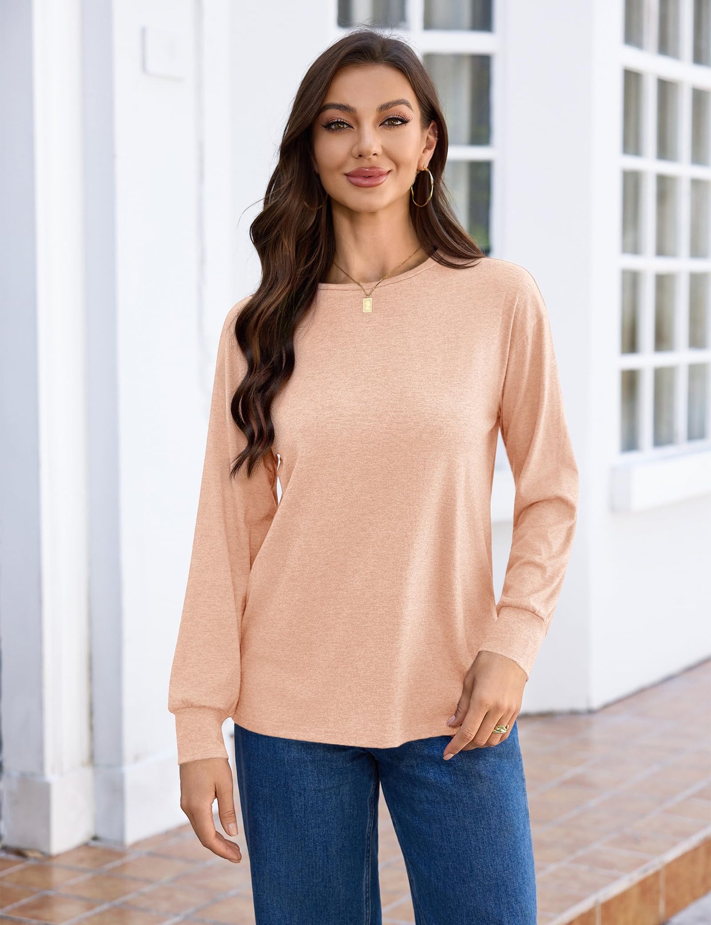 Totatuit Top Mujer Otoño Invierno Cuello Redondo Manga Larga Algodón Elástico Estilo Casual Chic Diario Albaricoque Rosado，S