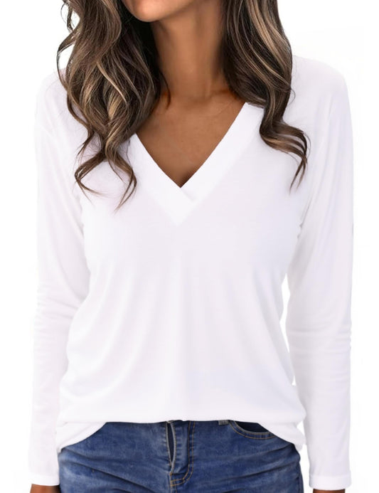 Aottori Camiseta Manga Larga Blanco Mujer Básica Top Cuello en V Elegante Blusa Camisas Suelta Trabajo Informal Pullover tee Shirts para Primavera Otoño Invierno Blanco S