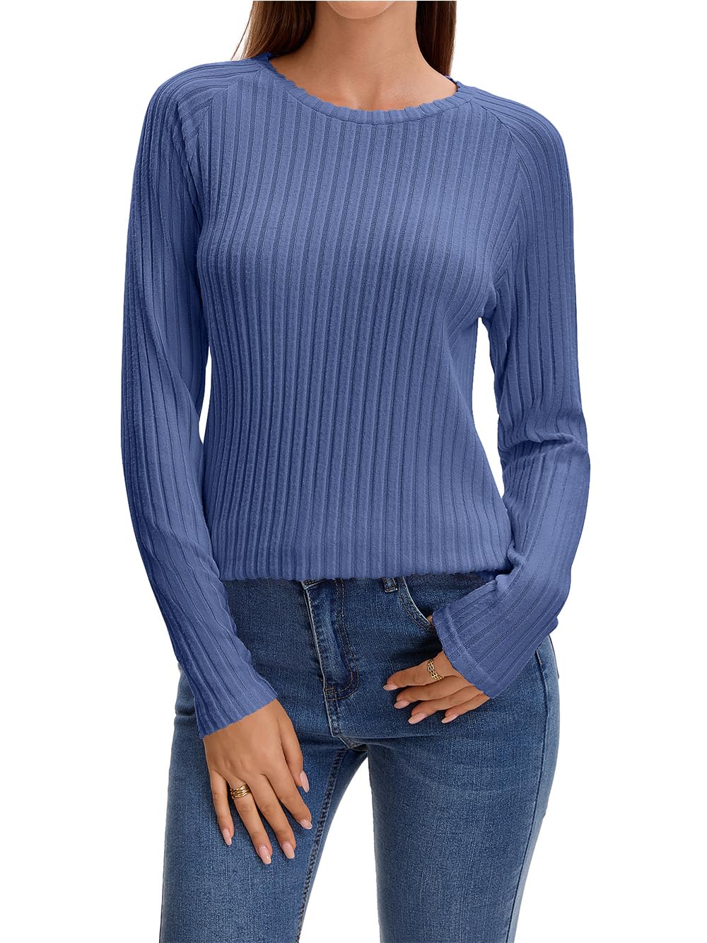 AirMood Camisetas con Costillas Elegantes Casuales de Manga Larga para Mujer, Cuello Redondo, holgadas, Azul, S