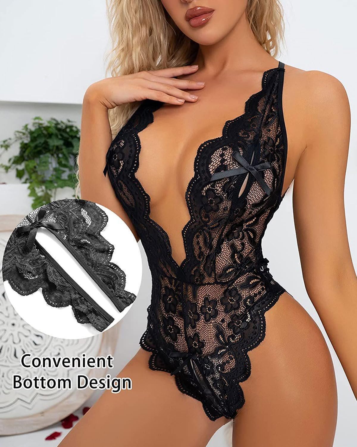 TPZORJX Body Para Mujer Interior de Encaje Caliente Lenceria Sexy de Dormir con Cuello en V Pijamas Camisón Conjunto para Négligé Ropa de Dormir Seductor Sin Espalda - negro/M