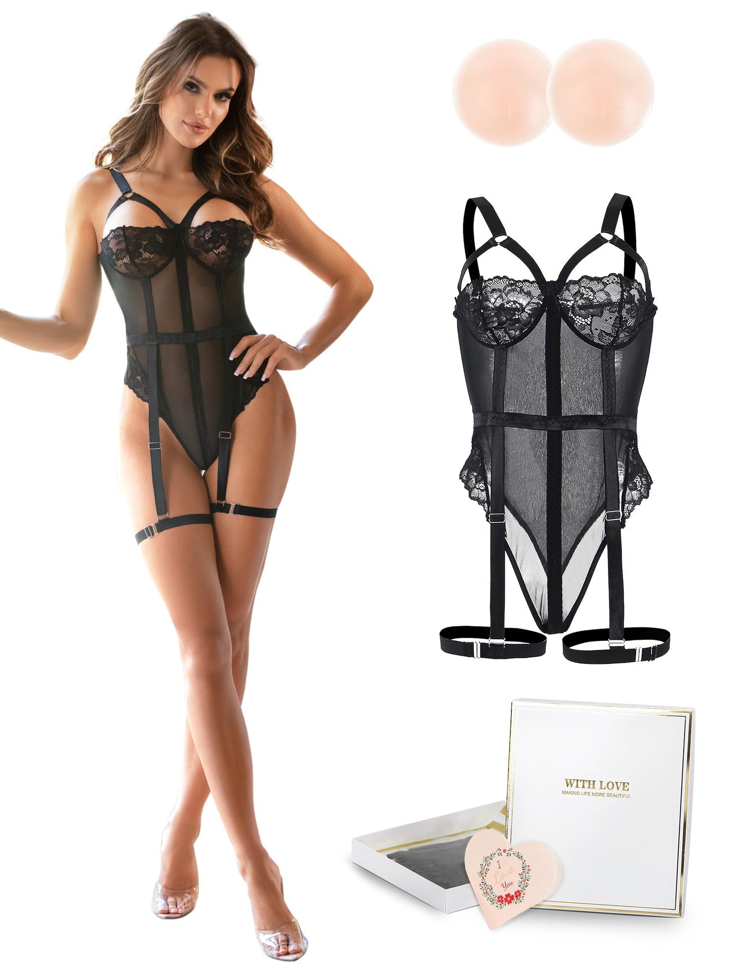 ohmydear Body sexy de peluche para mujer, ropa interior de encaje, tallas grandes, body erótico de encaje con abertura, conjunto de lencería, lencería para romance, 2 Pack Negro Body+Pezones Pads+Caja