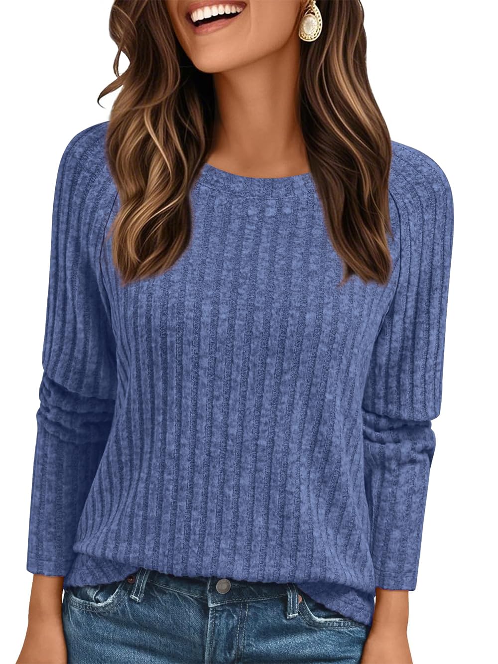 AirMood Camisetas con Costillas Elegantes Casuales de Manga Larga para Mujer, Cuello Redondo, holgadas, Azul, S