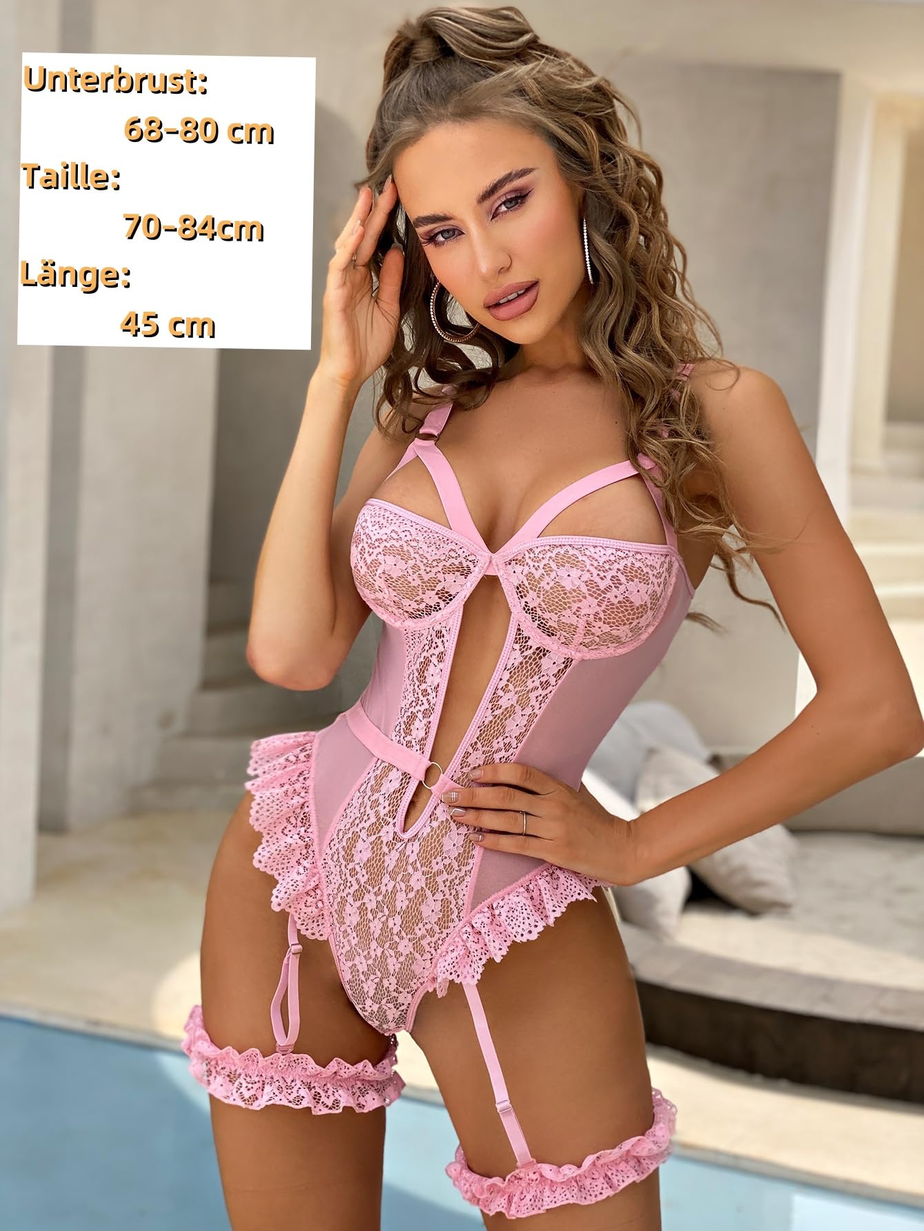 Satohom Lencería Sexy Mujer Ropa Interior Eróticas Babydoll Body de Encaje con Liguero Sujetador Push Up de Encaje 2 Puños de Muslo Conjunto de Lencería Teddy Lingerie Escote V Ropa de Noche