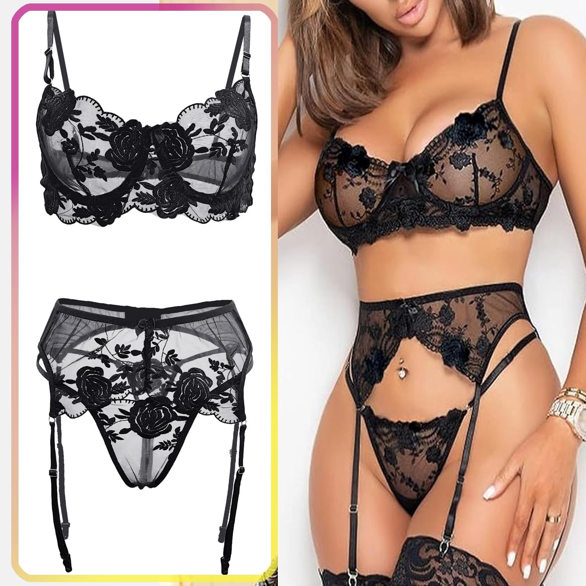 Conjunto de Lencería Sexy para Mujer viene con Sujetador Braguita y Ligas 3 Piezas Ropa Interior Bra con Aros y Tanga Atrevida Bordado Rosa Floral Transparente Liguero con 4 Tirantes Ajustables