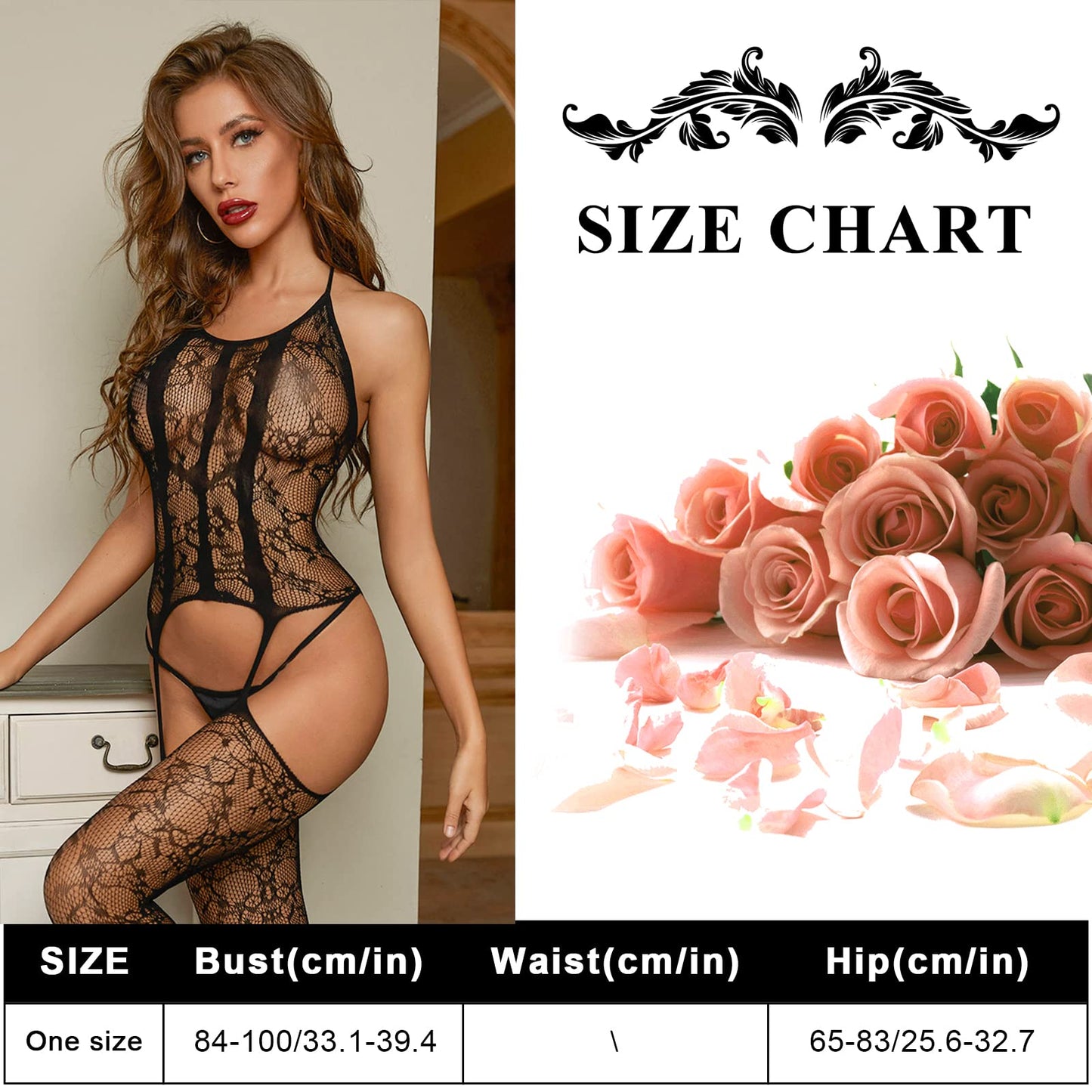 UMIPUBO Lenceria Mujer Sexy Ropa Interior Mujer Body de Encaje Conjunto de Medias de Malla de una Pieza con Cuello Halter Babydoll (Negro,Talla única)
