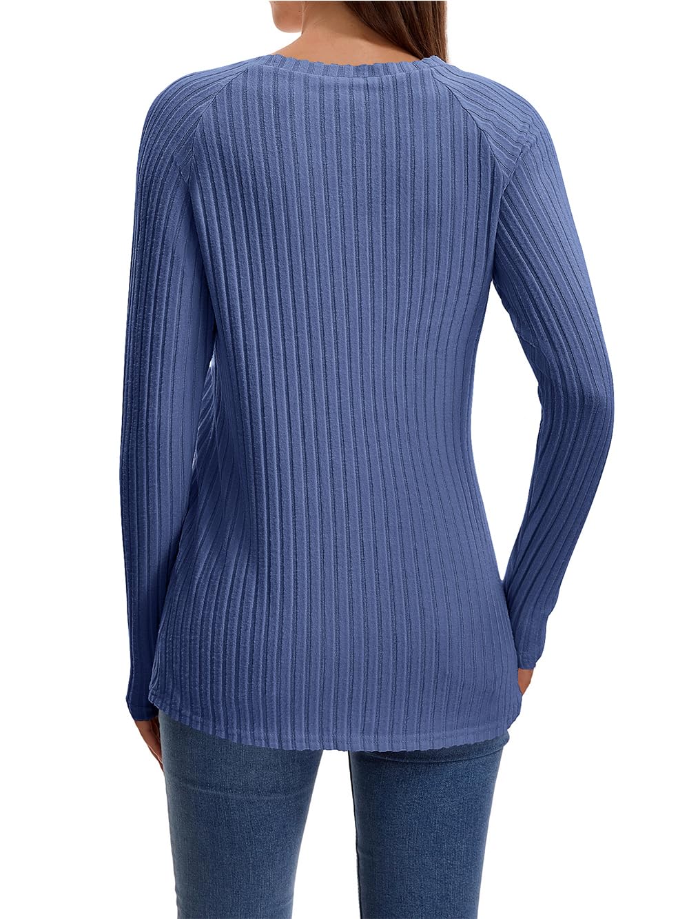 AirMood Camisetas con Costillas Elegantes Casuales de Manga Larga para Mujer, Cuello Redondo, holgadas, Azul, S