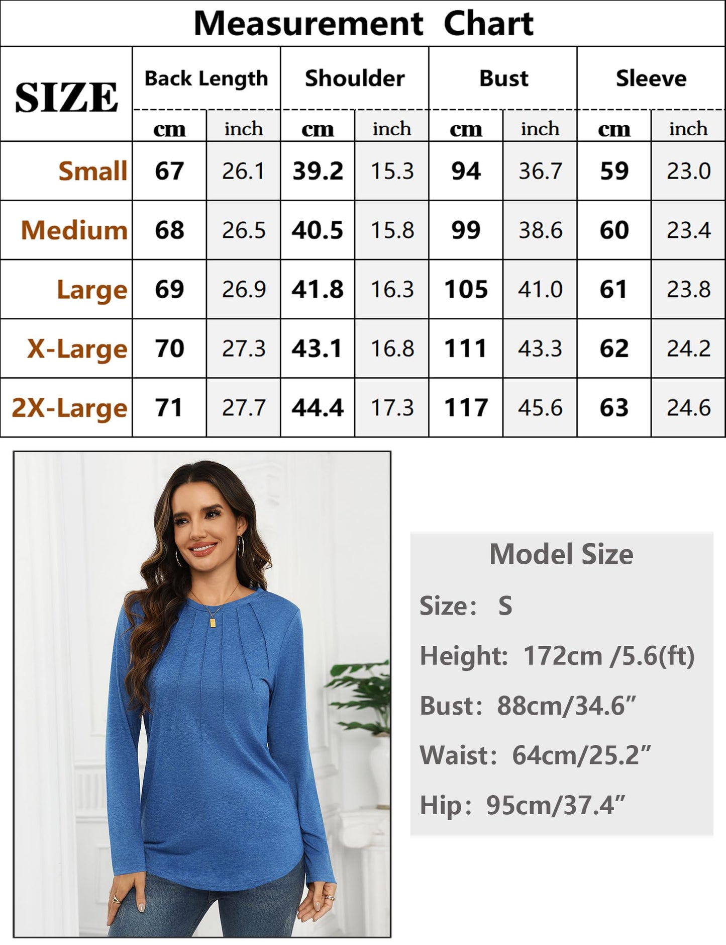 Gyabnw Camiseta de Manga Larga para Mujer Informal Camisa Plisada con Cuello Redondo Blusas Básico Chic y Elegante