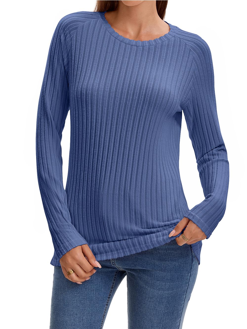 AirMood Camisetas con Costillas Elegantes Casuales de Manga Larga para Mujer, Cuello Redondo, holgadas, Azul, S