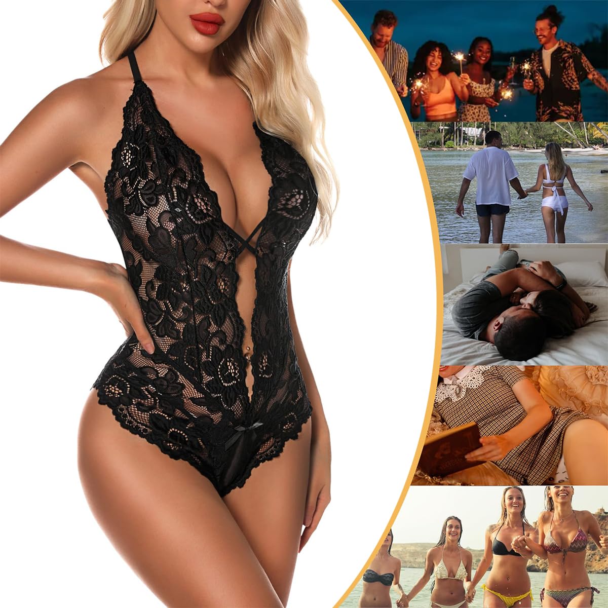 ROSVAY Body para Mujer Sexy Lencería Encaje Ropa Interior de Dormir Bodysuit Una Pieza con Aberturas Babydoll Escote en V Profundo Camisón sin Espalda Conjunto Lenceria Pijamas Monokini