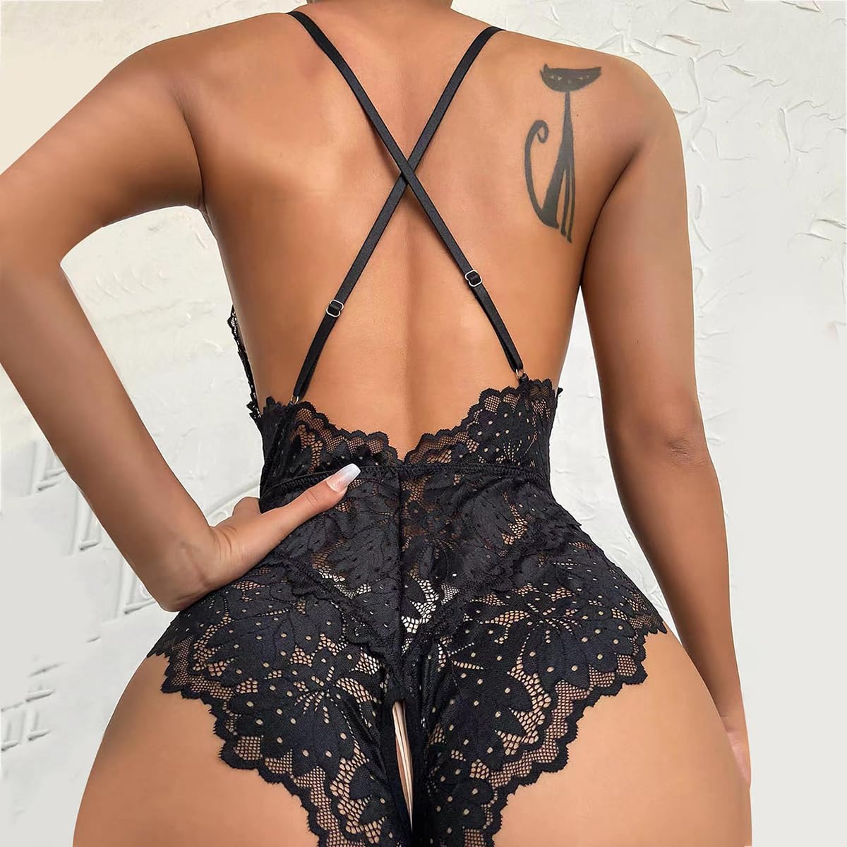 ROSVAY Body para Mujer Sexy Lencería Encaje Ropa Interior de Dormir Bodysuit Una Pieza con Aberturas Babydoll Escote en V Profundo Camisón sin Espalda Conjunto Lenceria Pijamas Monokini