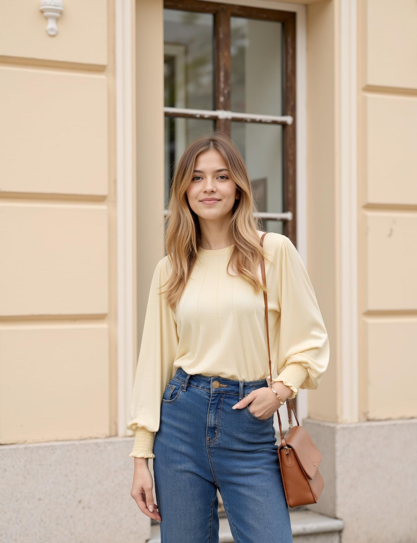 Gyabnw Camiseta de Manga Larga Mujer con Cuello Redondo t-Shirt Mujer Plisada Básica Tops Blusas Elegantes e Informales para a Diario