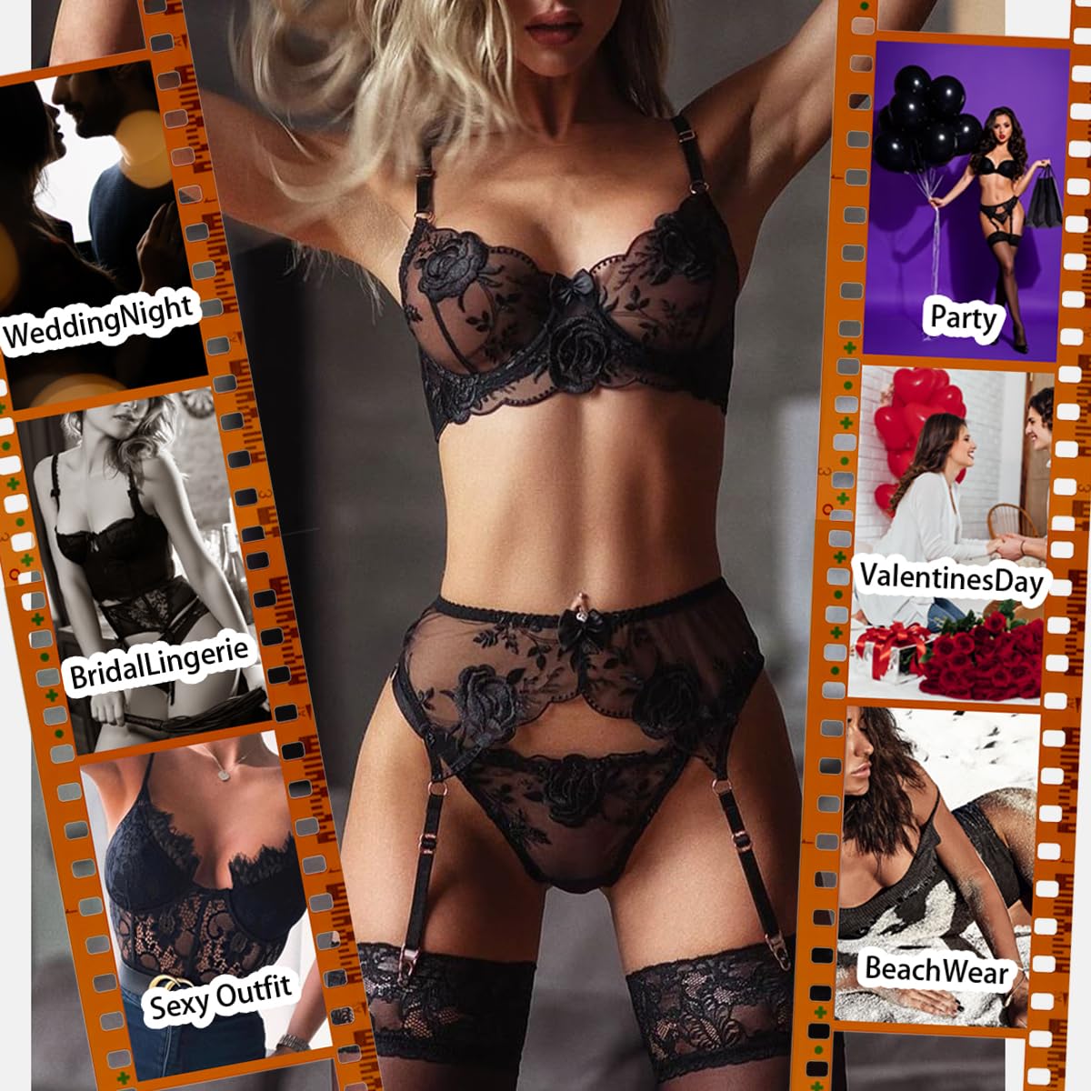 Conjunto de Lencería Sexy para Mujer viene con Sujetador Braguita y Ligas 3 Piezas Ropa Interior Bra con Aros y Tanga Atrevida Bordado Rosa Floral Transparente Liguero con 4 Tirantes Ajustables