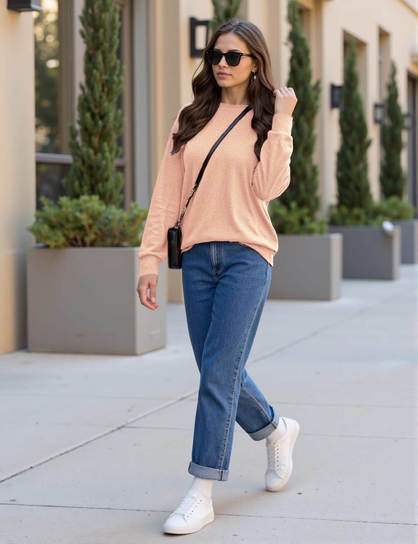 Totatuit Top Mujer Otoño Invierno Cuello Redondo Manga Larga Algodón Elástico Estilo Casual Chic Diario Albaricoque Rosado，S