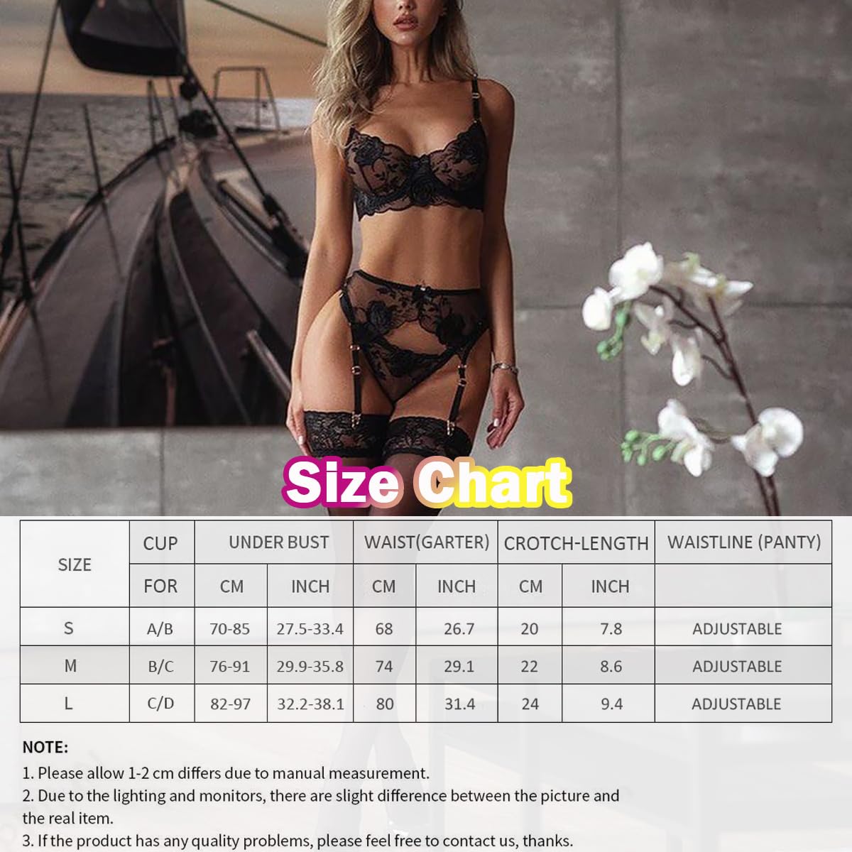 Conjunto de Lencería Sexy para Mujer viene con Sujetador Braguita y Ligas 3 Piezas Ropa Interior Bra con Aros y Tanga Atrevida Bordado Rosa Floral Transparente Liguero con 4 Tirantes Ajustables