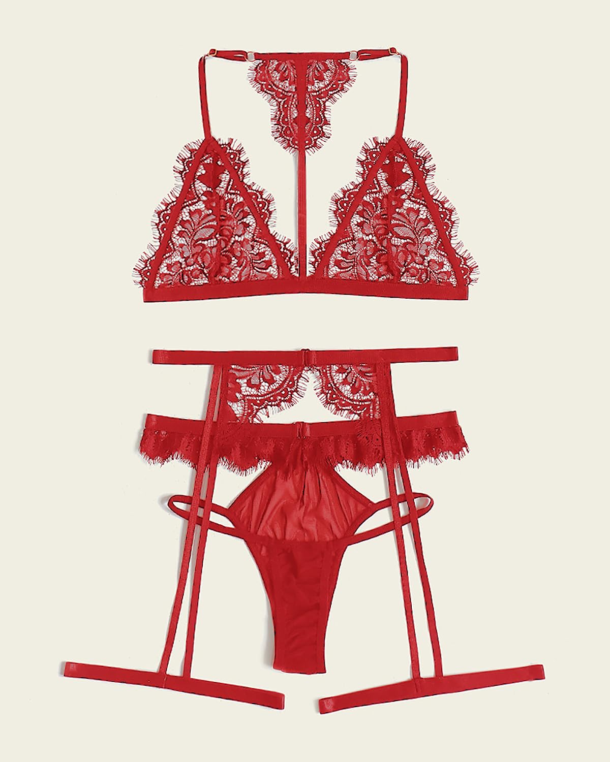 NewBull Conjunto de Lencería Encaje para Mujer Sexy Sujetador Triangular y Braguita Juego Ropa Interior Babydoll 3 Piezas con Tanga Ligueros Rojo