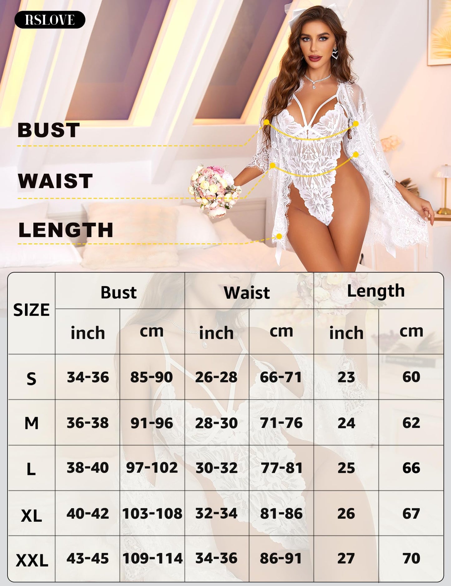RSLOVE Lencería sexy para mujer – Body de encaje con albornoz conjunto de ropa de dormir ropa interior negligee, Blanco, M