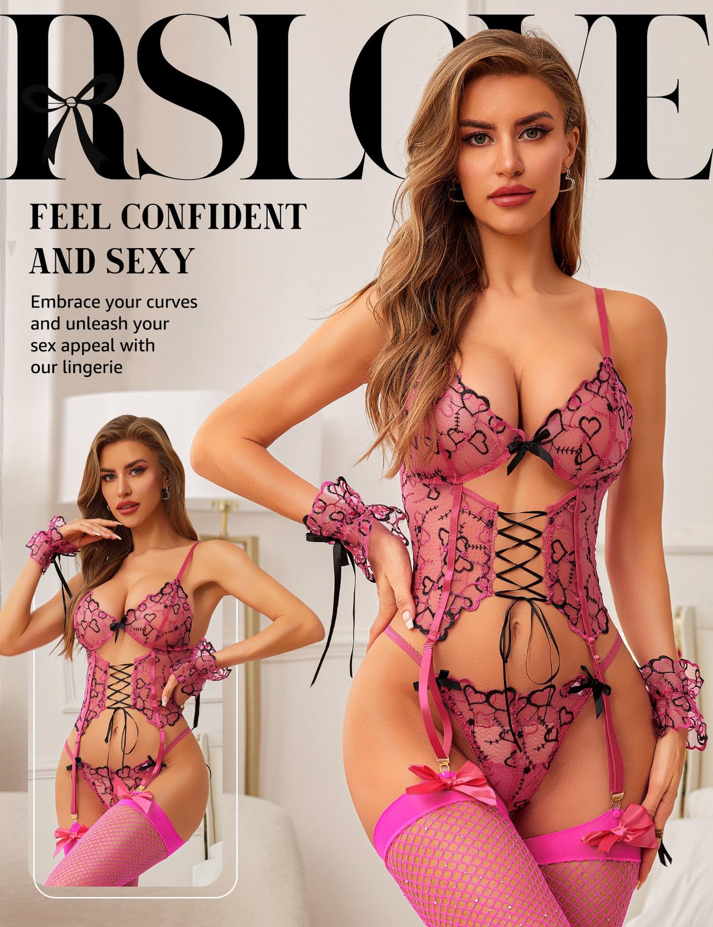 RSLOVE Babydoll - Lencería para mujer con ligas, set de ropa interior sexy, 4 piezas, con porta ligas, vestido de encaje, ropa de dormir, M