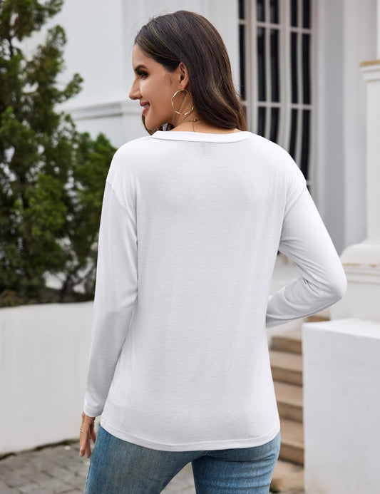 Aottori Camiseta Manga Larga Blanco Mujer Básica Top Cuello en V Elegante Blusa Camisas Suelta Trabajo Informal Pullover tee Shirts para Primavera Otoño Invierno Blanco S