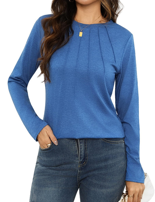 Gyabnw Camiseta de Manga Larga para Mujer Informal Camisa Plisada con Cuello Redondo Blusas Básico Chic y Elegante