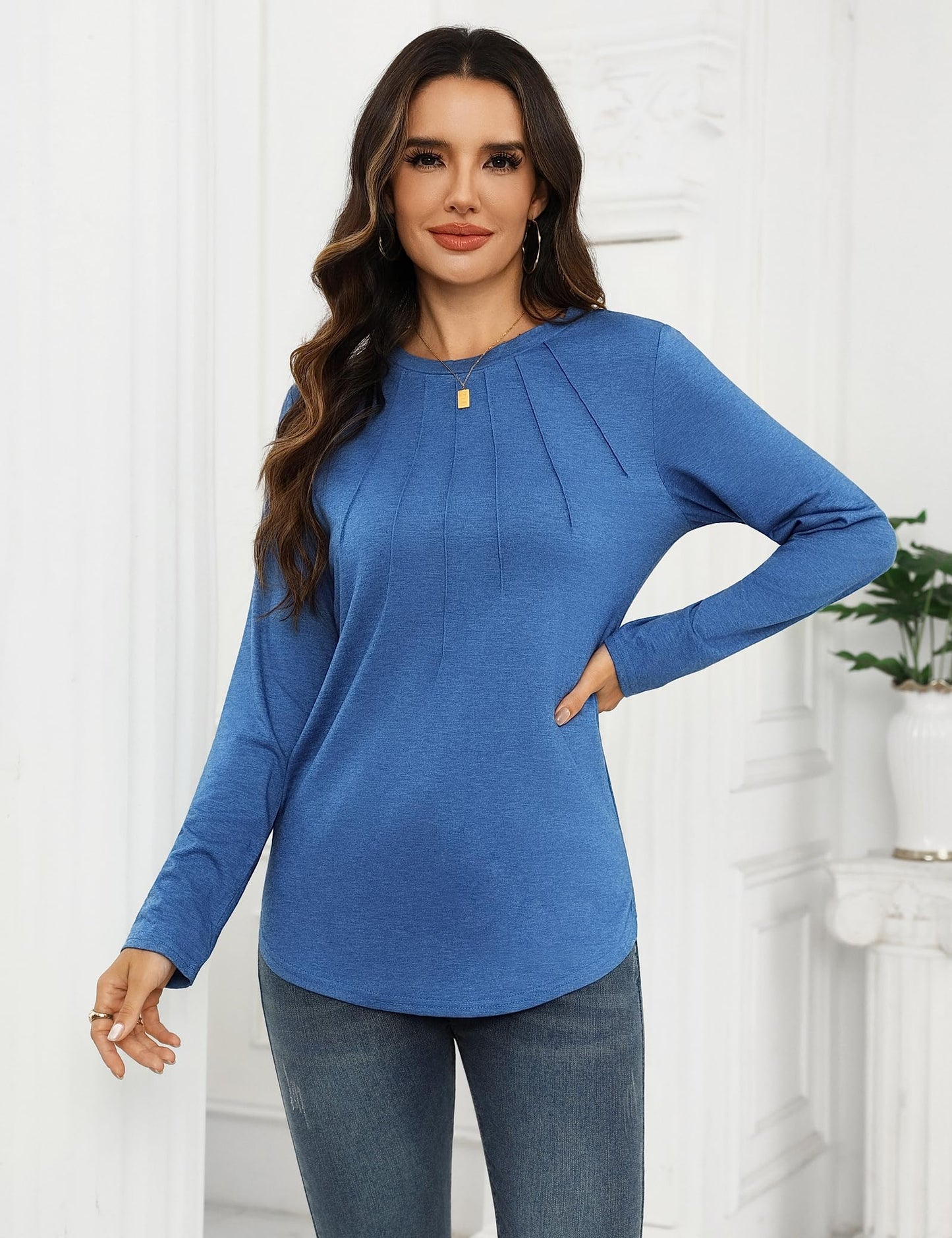 Gyabnw Camiseta de Manga Larga para Mujer Informal Camisa Plisada con Cuello Redondo Blusas Básico Chic y Elegante