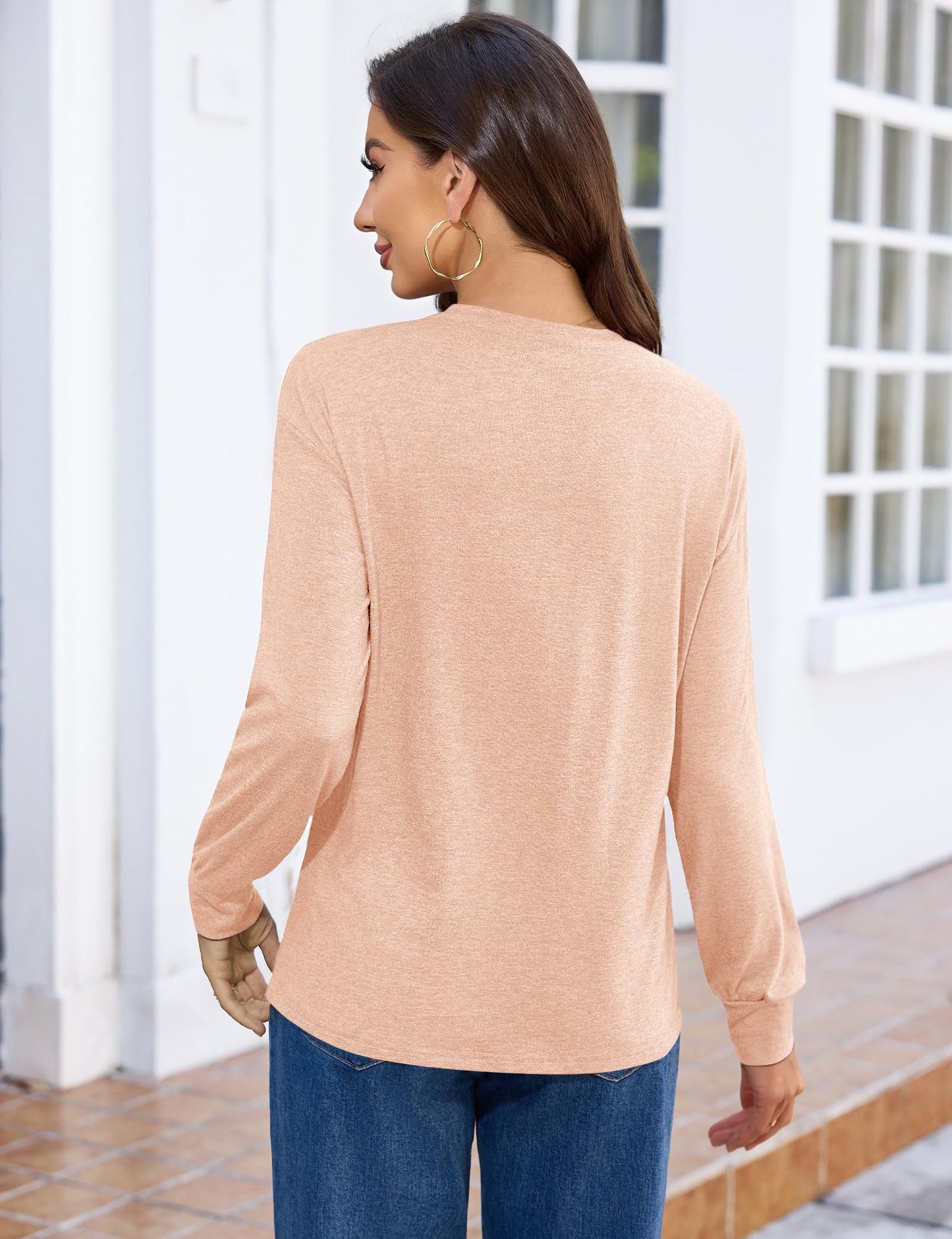 Totatuit Top Mujer Otoño Invierno Cuello Redondo Manga Larga Algodón Elástico Estilo Casual Chic Diario Albaricoque Rosado，S