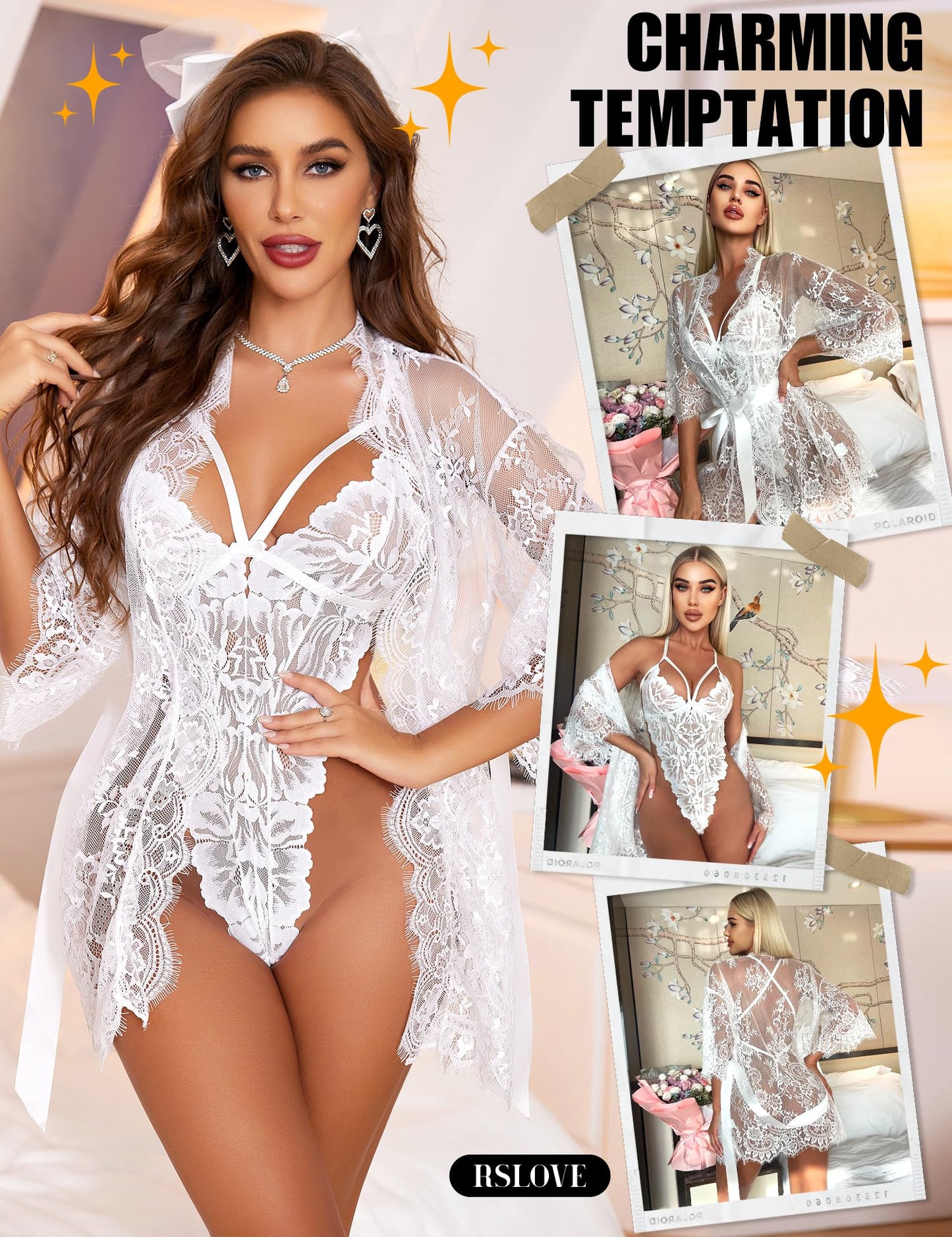 RSLOVE Lencería sexy para mujer – Body de encaje con albornoz conjunto de ropa de dormir ropa interior negligee, Blanco, M