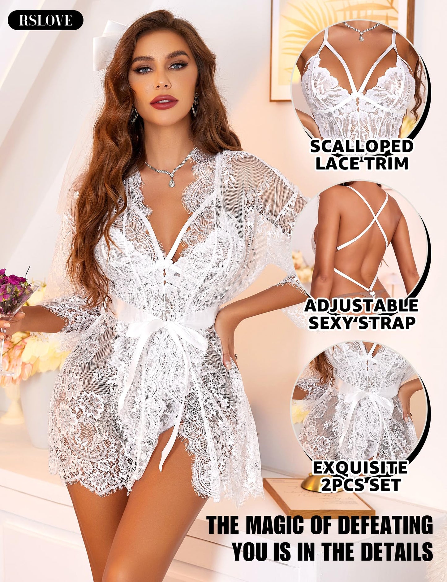 RSLOVE Lencería sexy para mujer – Body de encaje con albornoz conjunto de ropa de dormir ropa interior negligee, Blanco, M